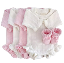 Load image into Gallery viewer, Knitted long sleeved Baby romper with Ruffle details- 2 colors available - BEBIMINE LLC