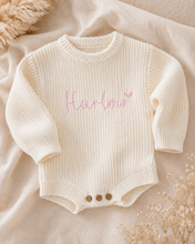 Load image into Gallery viewer, Pink Classic Knitted Romper Longsleeved with Name Embroidery - BEBIMINE LLC