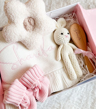 Load image into Gallery viewer, 5pcs Giftbox with Baby Boots , blanket, crochet Bunny and Dummy pendant - pick your color and style - BEBIMINE LLC