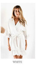 Load image into Gallery viewer, Personalized Bridesmaid Robes with a Ruffled Bridal Shower Dressing Gown Unique Wedding Day Robe For Bride Custom Ruffle Kimonos