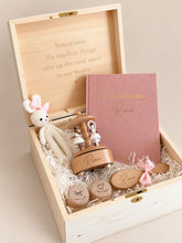 Load image into Gallery viewer, Baby milestone book, engraved wooden brush, crochet bunny and keepsake boxes in wooden chest