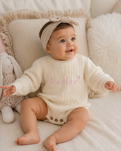 Load image into Gallery viewer, Pink Classic Knitted Romper Longsleeved with Name Embroidery - BEBIMINE LLC