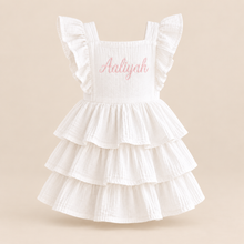 Load image into Gallery viewer, White Organic Cotton Layered Ruffle Dress – Personalised