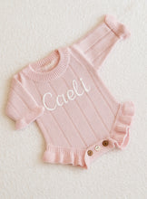 Load image into Gallery viewer, Personalized Knitted Baby Bundle Set – Ruffled Pink Romper+ Headband + Booties - BEBIMINE LLC