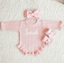 Load image into Gallery viewer, Personalized Knitted Baby Bundle Set – Ruffled Pink Romper+ Headband + Booties