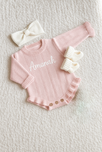 Load image into Gallery viewer, Personalized Knitted Baby Bundle Set – Ruffled Pink Romper+ Headband + Booties
