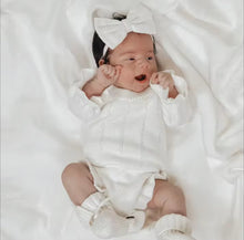 Load image into Gallery viewer, Knitted long sleeved Baby romper with Ruffle details- 2 colors available - BEBIMINE LLC