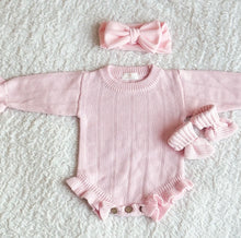 Load image into Gallery viewer, Personalized Knitted Baby Bundle Set – Ruffled white Romper+ Headband + Booties - BEBIMINE LLC