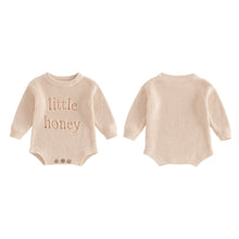 Load image into Gallery viewer, Knitted Baby Romper "Little Honey" embroidery- Pick your Color - BEBIMINE LLC