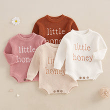 Load image into Gallery viewer, Knitted Baby Romper "Little Honey" embroidery- Pick your Color - BEBIMINE LLC
