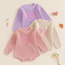 Load image into Gallery viewer, Girls Knited Romper with "One" Embroidery- Pick your Color - BEBIMINE LLC