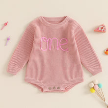 Load image into Gallery viewer, Girls Knited Romper with "One" Embroidery- Pick your Color - BEBIMINE LLC