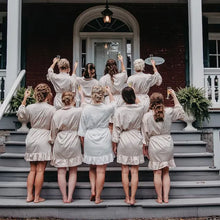 Load image into Gallery viewer, Personalized Bridesmaid Robes with a Ruffled Bridal Shower Dressing Gown Unique Wedding Day Robe For Bride Custom Ruffle Kimonos