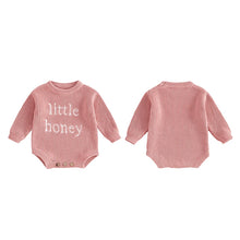 Load image into Gallery viewer, Knitted Baby Romper "Little Honey" embroidery- Pick your Color - BEBIMINE LLC