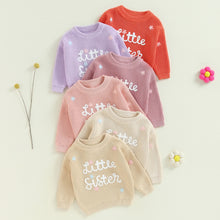 Load image into Gallery viewer, Knitted Sweater with Floral and  Letter Embroidery "Little Sister"- Pick your Color - BEBIMINE LLC