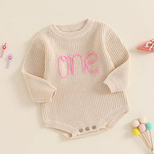 Load image into Gallery viewer, Girls Knited Romper with "One" Embroidery- Pick your Color - BEBIMINE LLC