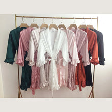 Load image into Gallery viewer, Personalized Bridesmaid Robes with a Ruffled Bridal Shower Dressing Gown Unique Wedding Day Robe For Bride Custom Ruffle Kimonos