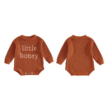 Load image into Gallery viewer, Knitted Baby Romper "Little Honey" embroidery- Pick your Color - BEBIMINE LLC