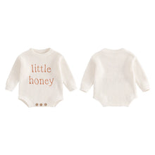 Load image into Gallery viewer, Knitted Baby Romper "Little Honey" embroidery- Pick your Color - BEBIMINE LLC