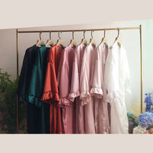 Load image into Gallery viewer, Personalized Bridesmaid Robes with a Ruffled Bridal Shower Dressing Gown Unique Wedding Day Robe For Bride Custom Ruffle Kimonos