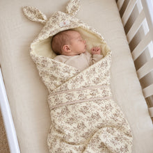 Load image into Gallery viewer, Newborn wrapped in the floral bunny ear swaddle