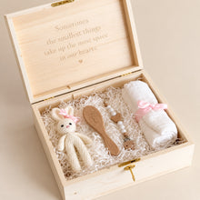 Load image into Gallery viewer, Large pink personalized wooden baby keepsake gift box with crochet bunny and gold key