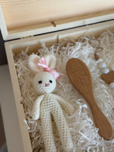 Load image into Gallery viewer, Handmade crochet bunny and personalized wooden baby brush close up