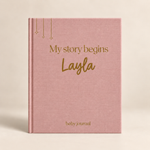 Load image into Gallery viewer, Dusty Rose personalised baby memory book and baby journal with gold name