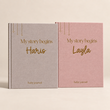 Load image into Gallery viewer, Personalised baby memory book and baby journal in Soft Taupe and Dusty Rose with gold name personalisation