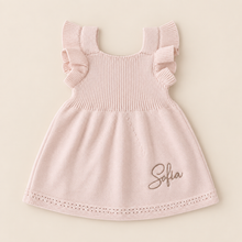 Load image into Gallery viewer, Personalised blush pink knitted baby dress with optional name embroidery