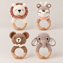 Load image into Gallery viewer, Premium personalised crochet baby rattles: lion, deer, bear and elephant with engraved wooden rings