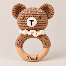 Load image into Gallery viewer, Personalised premium crochet bear baby rattle with Noah engraved on its wooden ring
