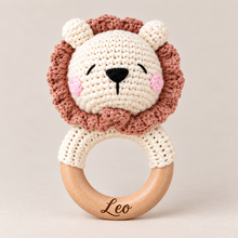 Load image into Gallery viewer, Personalised premium crochet lion baby rattle with Leo engraved on its wooden ring