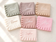 Load image into Gallery viewer, Personalized ruffle knit baby blankets in seven colors