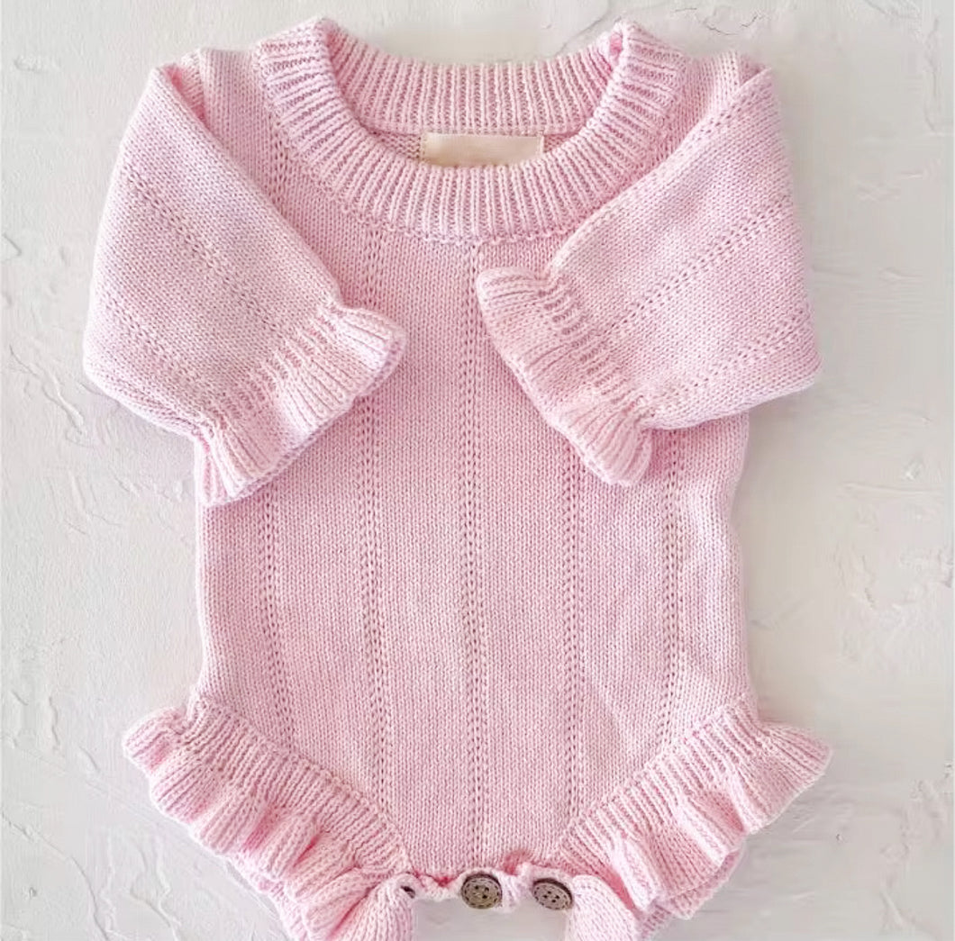 Knitted long sleeved Baby romper with Ruffle details- 2 colors available