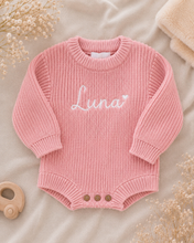 Load image into Gallery viewer, Pink Classic Knitted Romper Longsleeved with Name Embroidery
