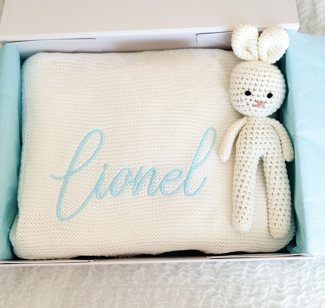 2 pcs Gift Box with Personalised Blanket and handmade Crochet Bunny - Blue Edition