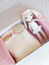 Load image into Gallery viewer, 3 pcs Gift Box with personalised Blanket, handmade crochet Bunny Girl and Baby Hairbrush engraved with Name- Pink Editionn
