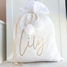 Load image into Gallery viewer, Luxury Velvet Santa Sack with Pom Moms , many colors available- Personalized
