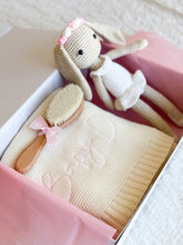 Load image into Gallery viewer, 3 pcs Gift Box with personalised Blanket, handmade crochet Bunny Girl and Baby Hairbrush engraved with Name- Pink Editionn
