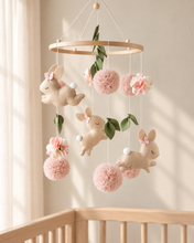 Load image into Gallery viewer, Handmade Blush Bunny Baby Mobile – Flowers &amp; Pom-Poms
