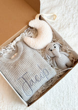 Load image into Gallery viewer, Personalized 3-Piece Baby Gift Box – Grey Elephant, Romper &amp; Moon
