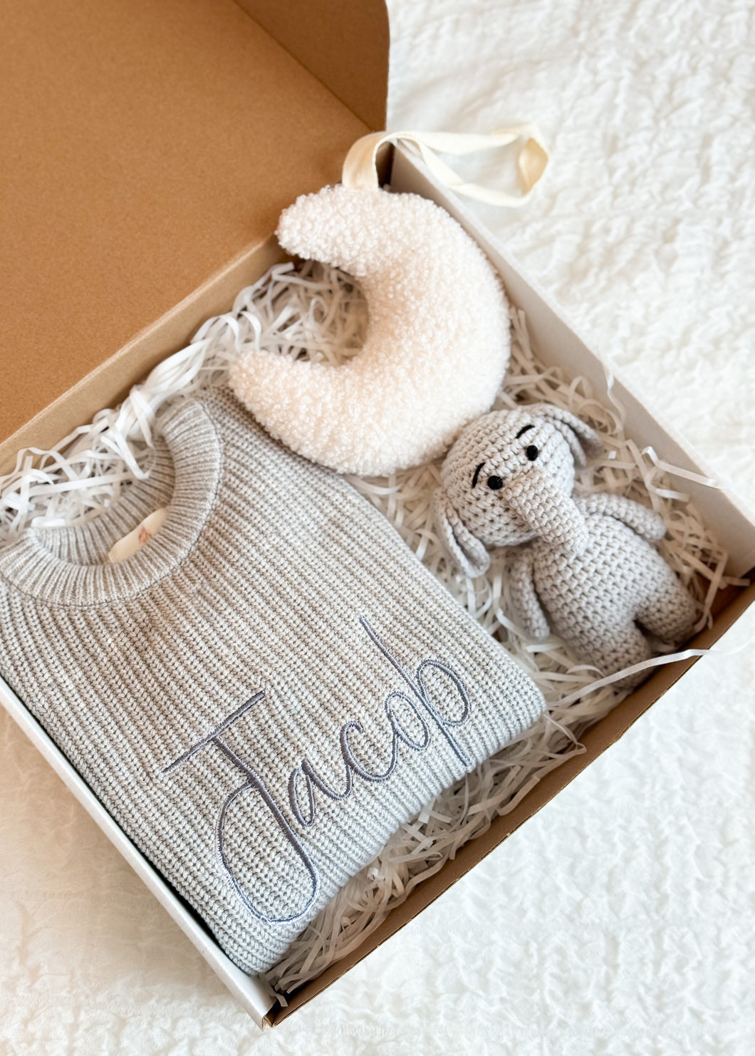 Personalized 3-Piece Baby Gift Box – Grey Elephant, Romper & Moon