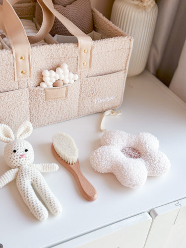 Diaper Caddy Accessories Value Set of 3 - Personalized Brush , Crochet Bunny , Flower Dummy Pendant - BEBIMINE LLC