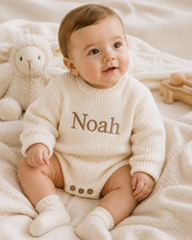 Load image into Gallery viewer, Off White Classic Knitted Romper Longsleeved with Name Embroidery - BEBIMINE LLC
