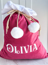 Load image into Gallery viewer, Luxury Velvet Santa Sack with Pom Moms , many colors available- Personalized
