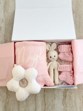 Load image into Gallery viewer, 5pcs Giftbox with Baby shoes , Ruffle blanket, crochet Bunny and Dummy pendant - pick your color
