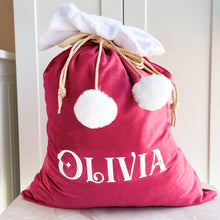 Load image into Gallery viewer, Luxury Velvet Santa Sack with Pom Moms , many colors available- Personalized
