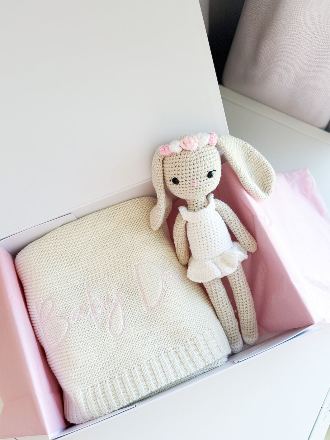 2 pcs Gift Box with Personalised Blanket and handmade Crochet Bunny Girl- Pink Edition