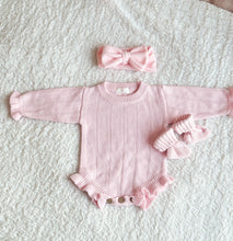 Load image into Gallery viewer, Personalized Knitted Baby Bundle Set – Ruffled Pink Romper+ Headband + Booties
